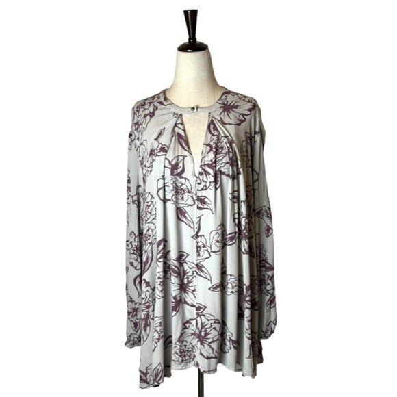 Free People Dress Women Small Gray Purple Floral Swing Flowy Key Hole Tunic Mini - Picture 2 of 11